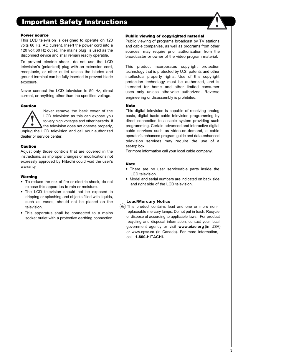 Important safety instructions | Hitachi L42V651 User Manual | Page 3 / 150