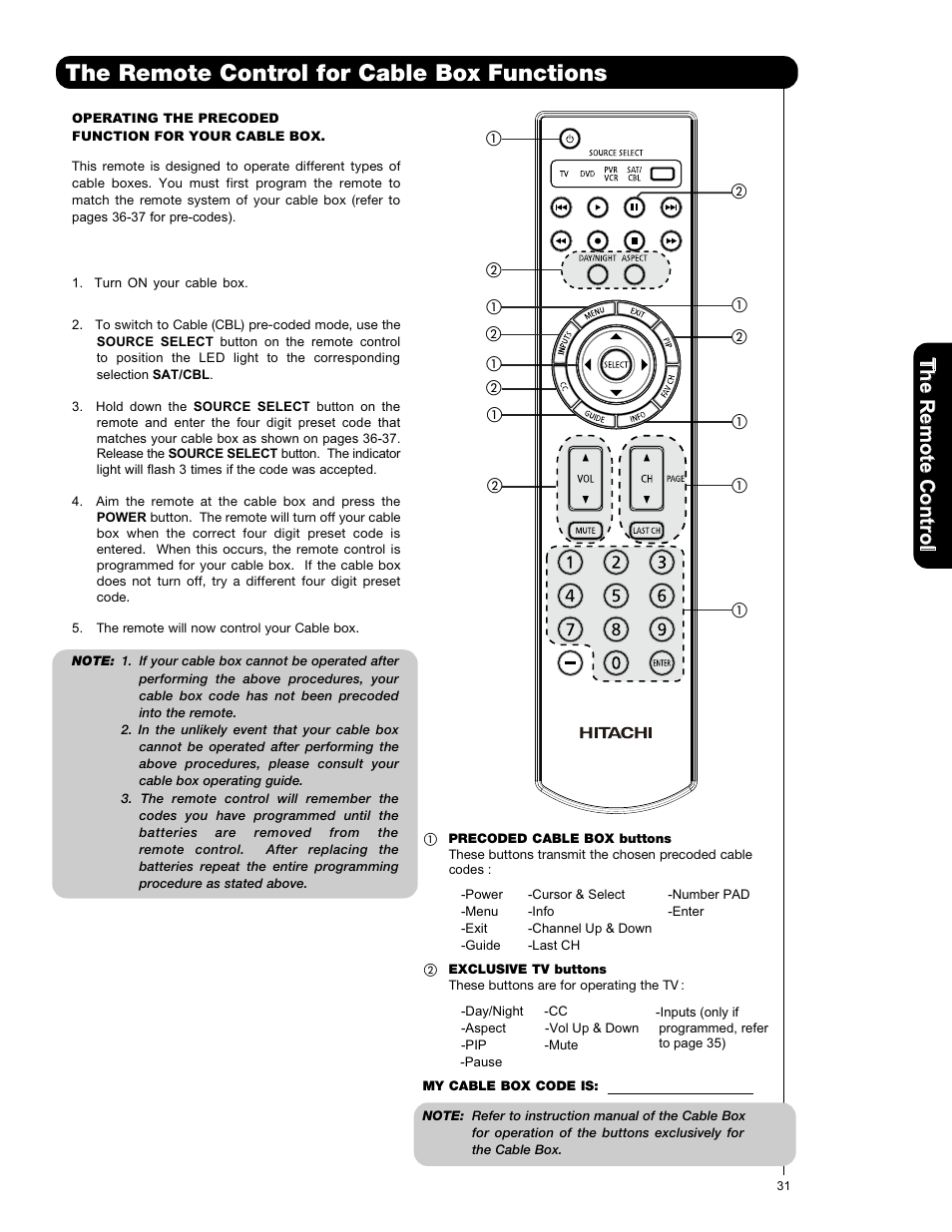 The remote control for cable box functions | Hitachi L42V651 User Manual | Page 31 / 150