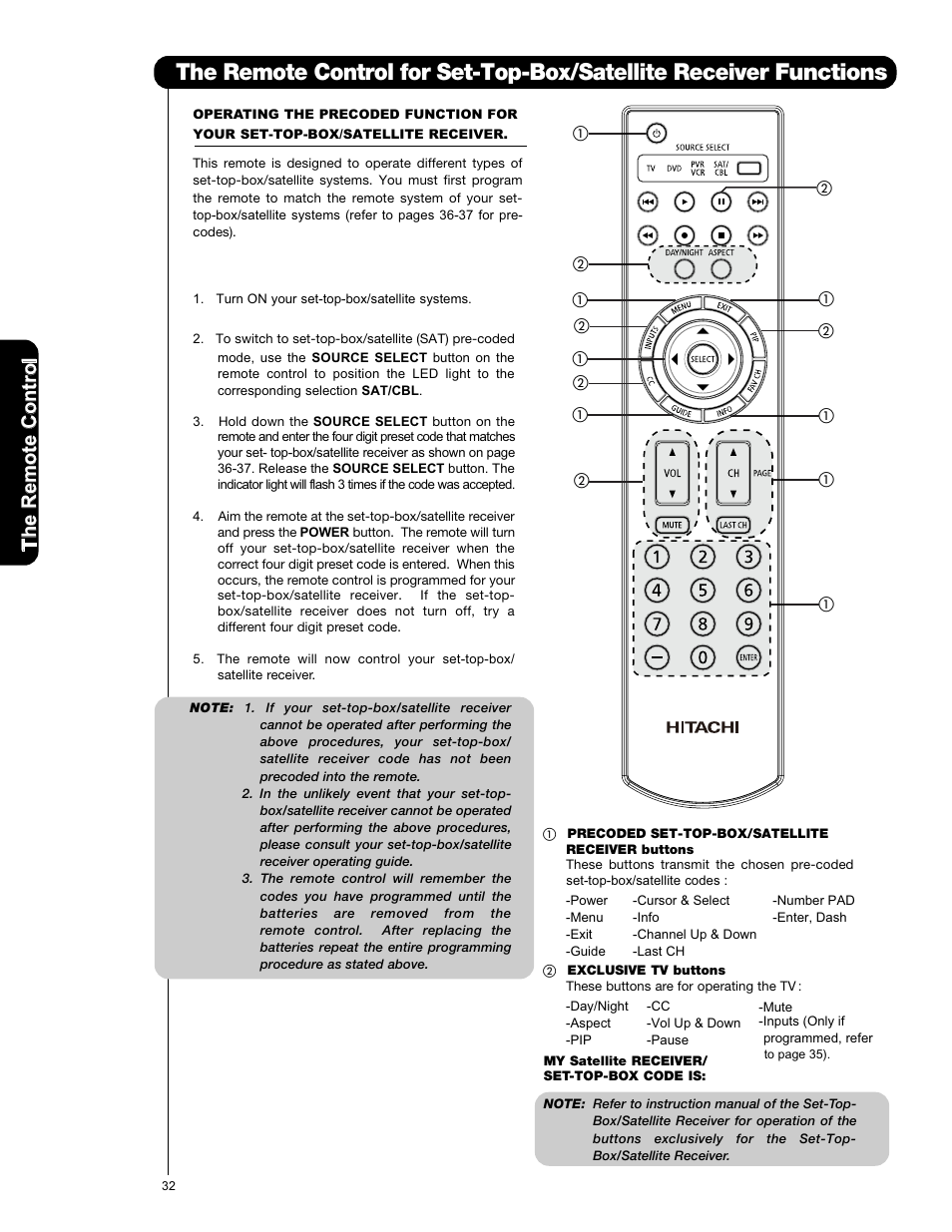 How to use the remote to control your tv | Hitachi L42V651 User Manual | Page 32 / 150