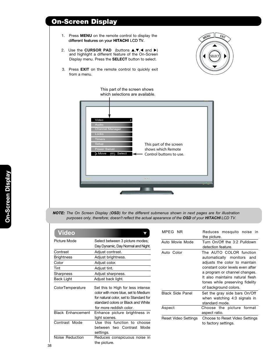 On-screen display, Video, On -s cr ee n d is p la y | Hitachi L42V651 User Manual | Page 38 / 150