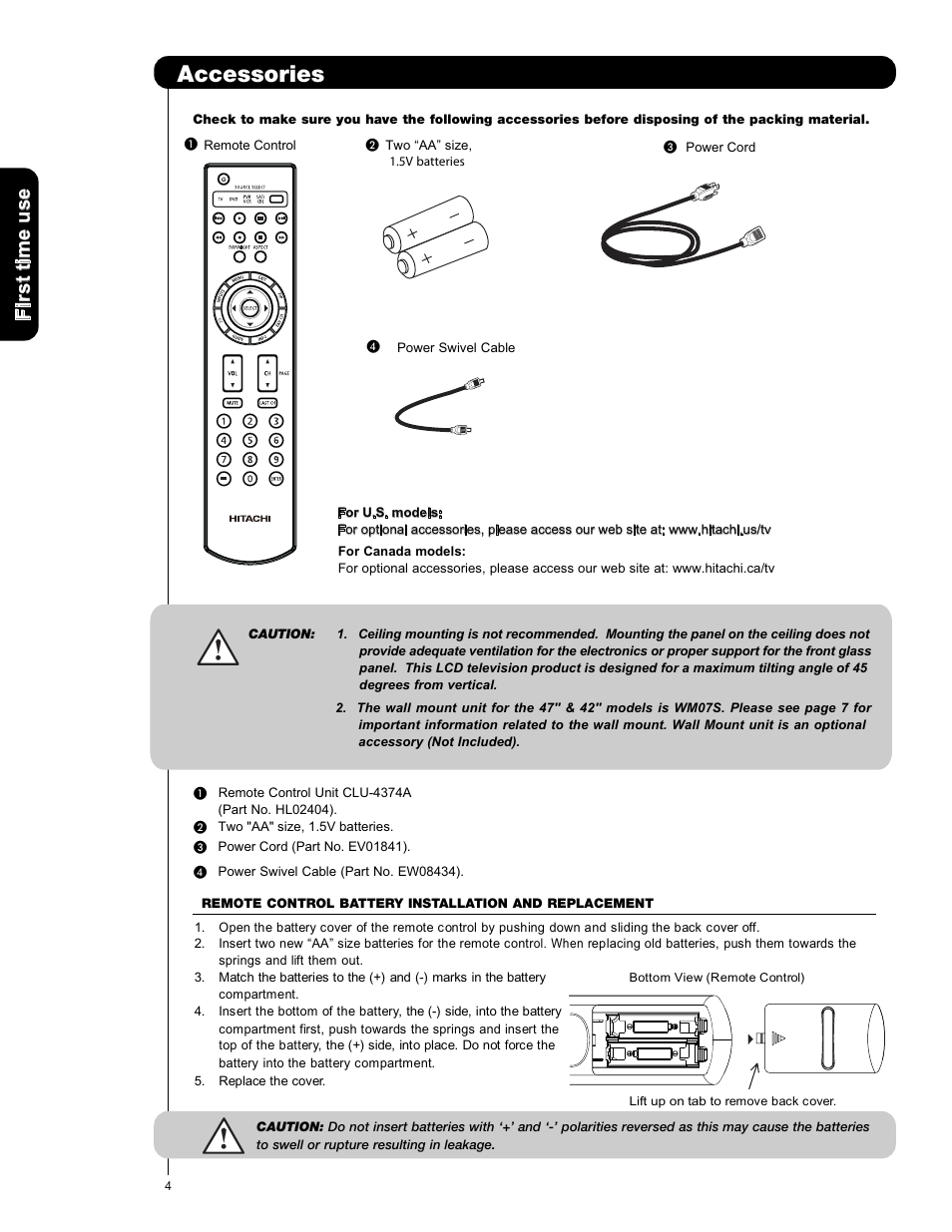 Accessories | Hitachi L42V651 User Manual | Page 4 / 150