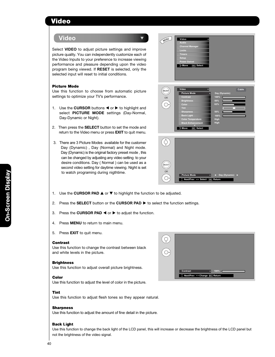 Video, On -s cr ee n d is p la y | Hitachi L42V651 User Manual | Page 40 / 150