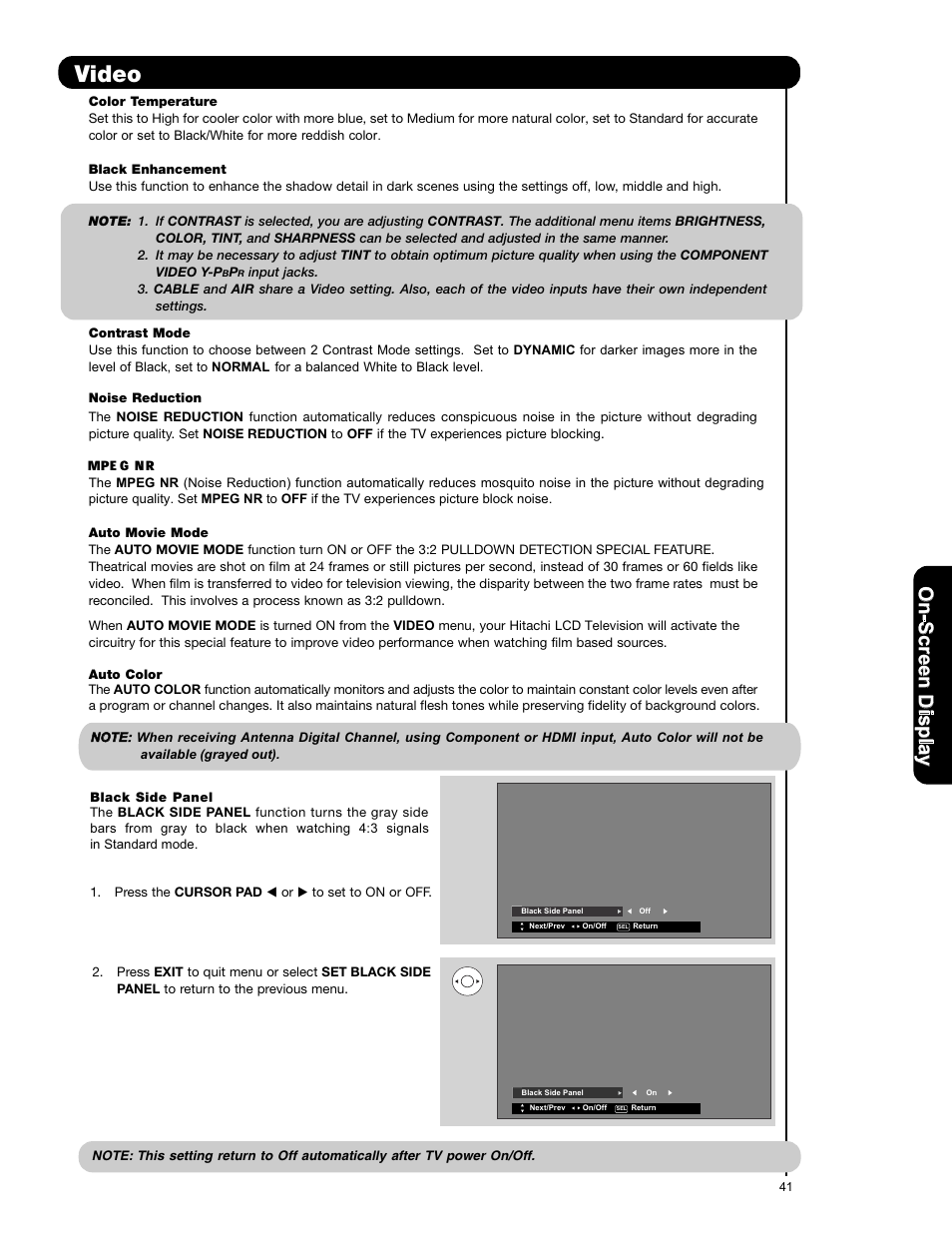 Video, On -s cr ee n d is p la y | Hitachi L42V651 User Manual | Page 41 / 150