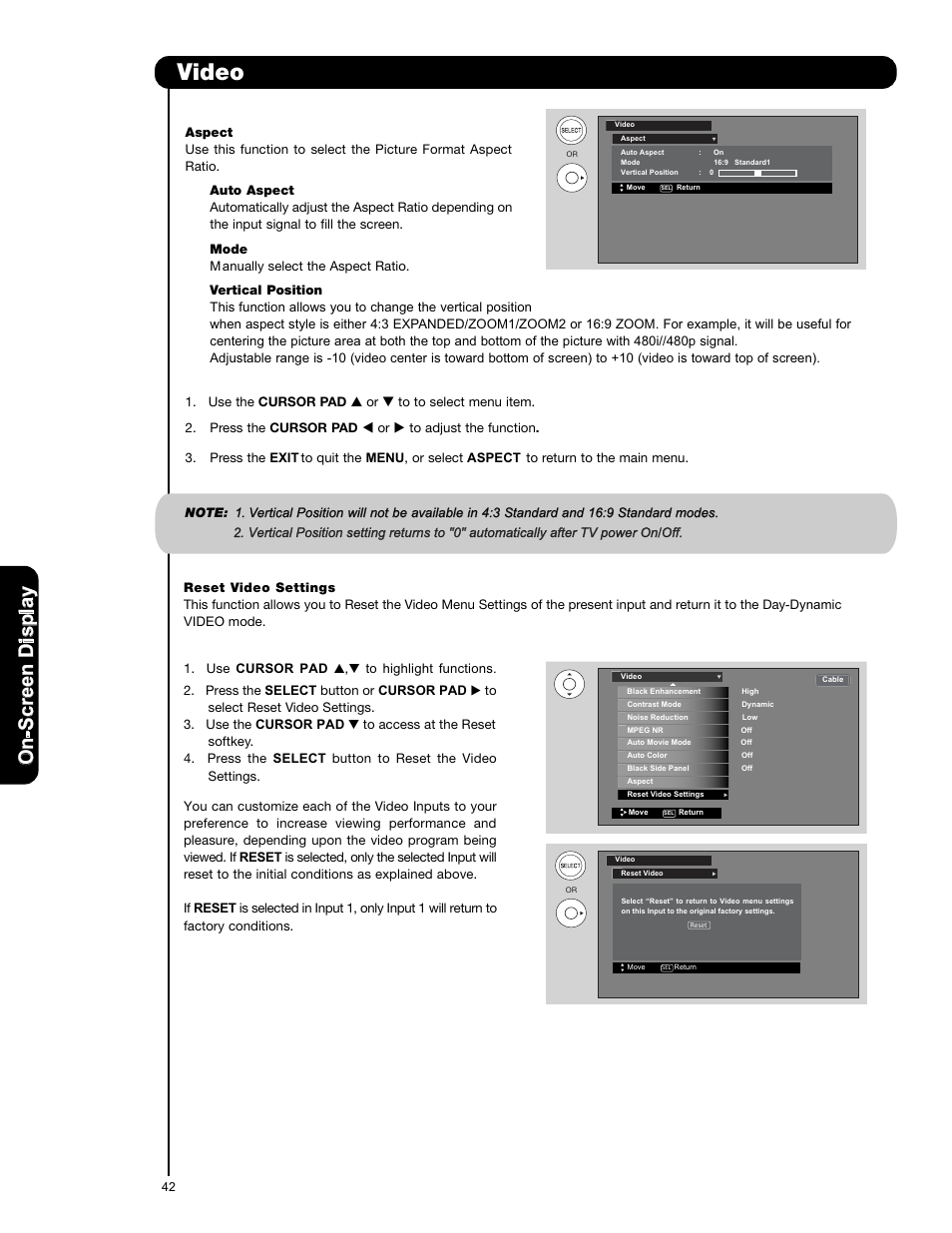 Video, On -s cr ee n d is p la y | Hitachi L42V651 User Manual | Page 42 / 150