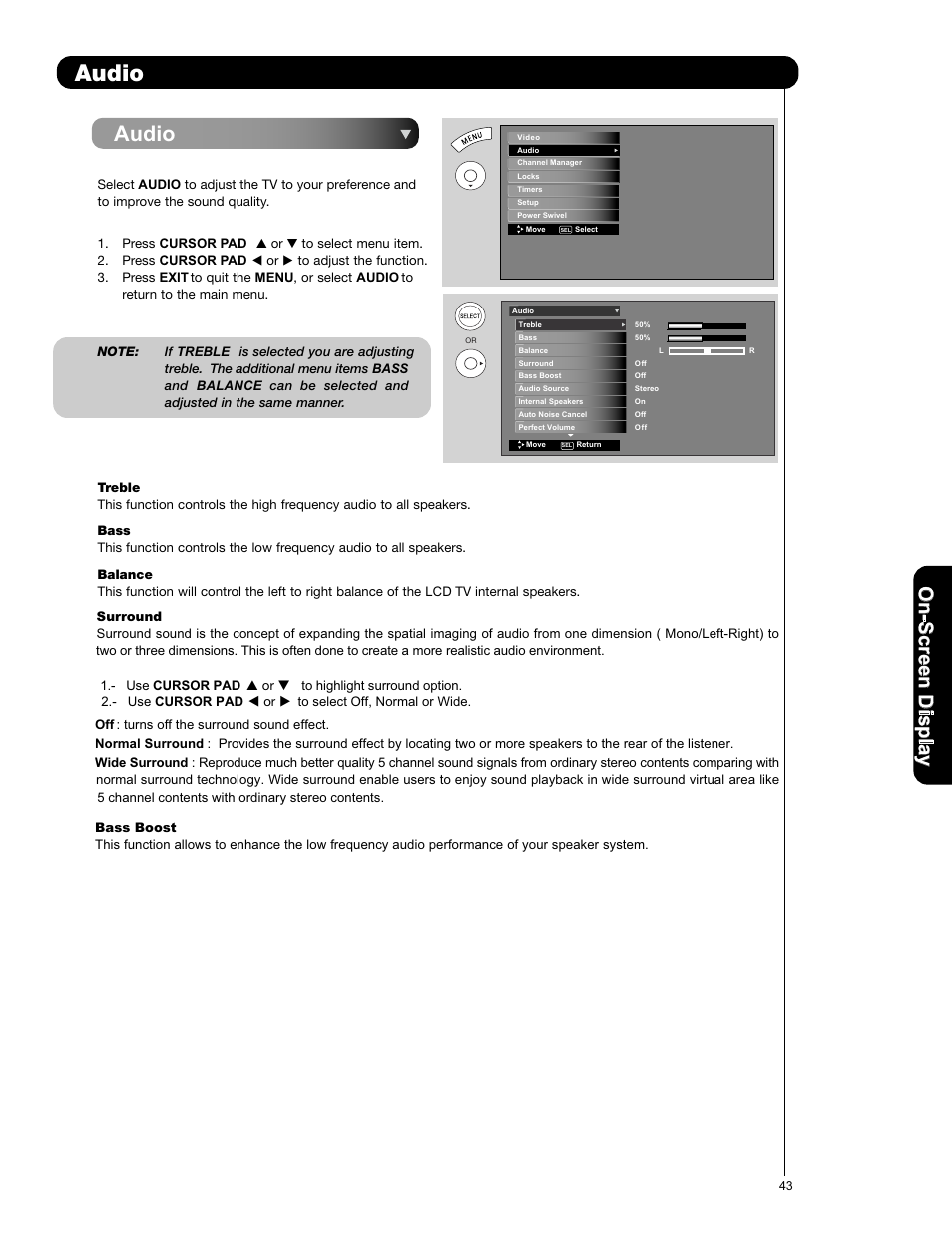 Audio, On -s cr ee n d is p la y | Hitachi L42V651 User Manual | Page 43 / 150