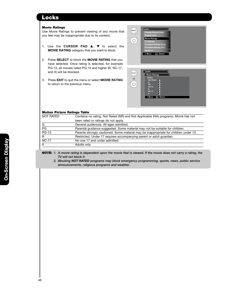 Locks, On -s cr ee n d is p la y | Hitachi L42V651 User Manual | Page 48 / 150