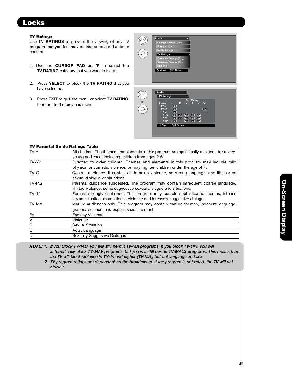 Locks, On -s cr ee n d is p la y | Hitachi L42V651 User Manual | Page 49 / 150
