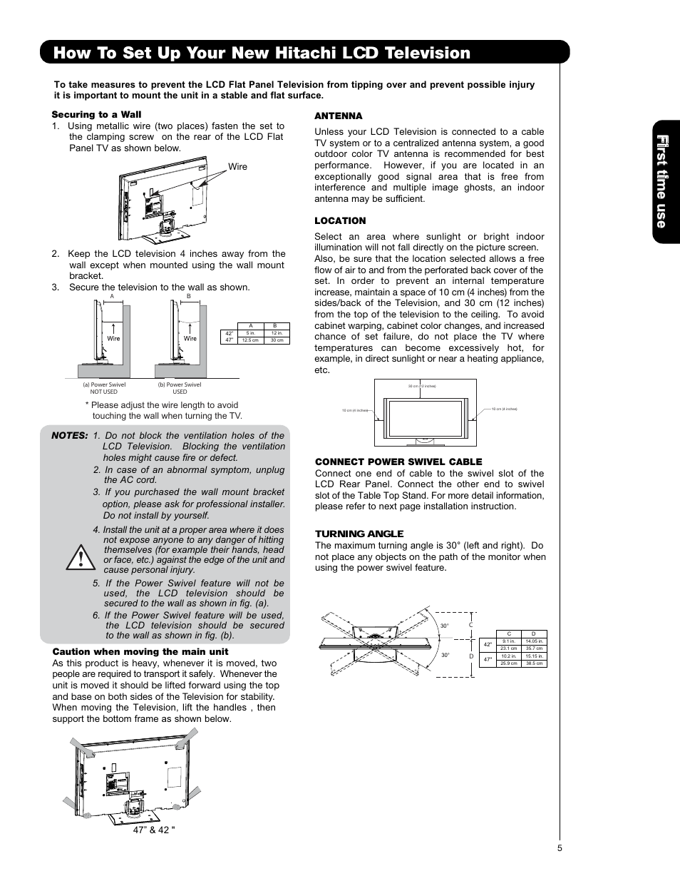 How to set up your new hitachi lcd television, Firs t tim e u se | Hitachi L42V651 User Manual | Page 5 / 150