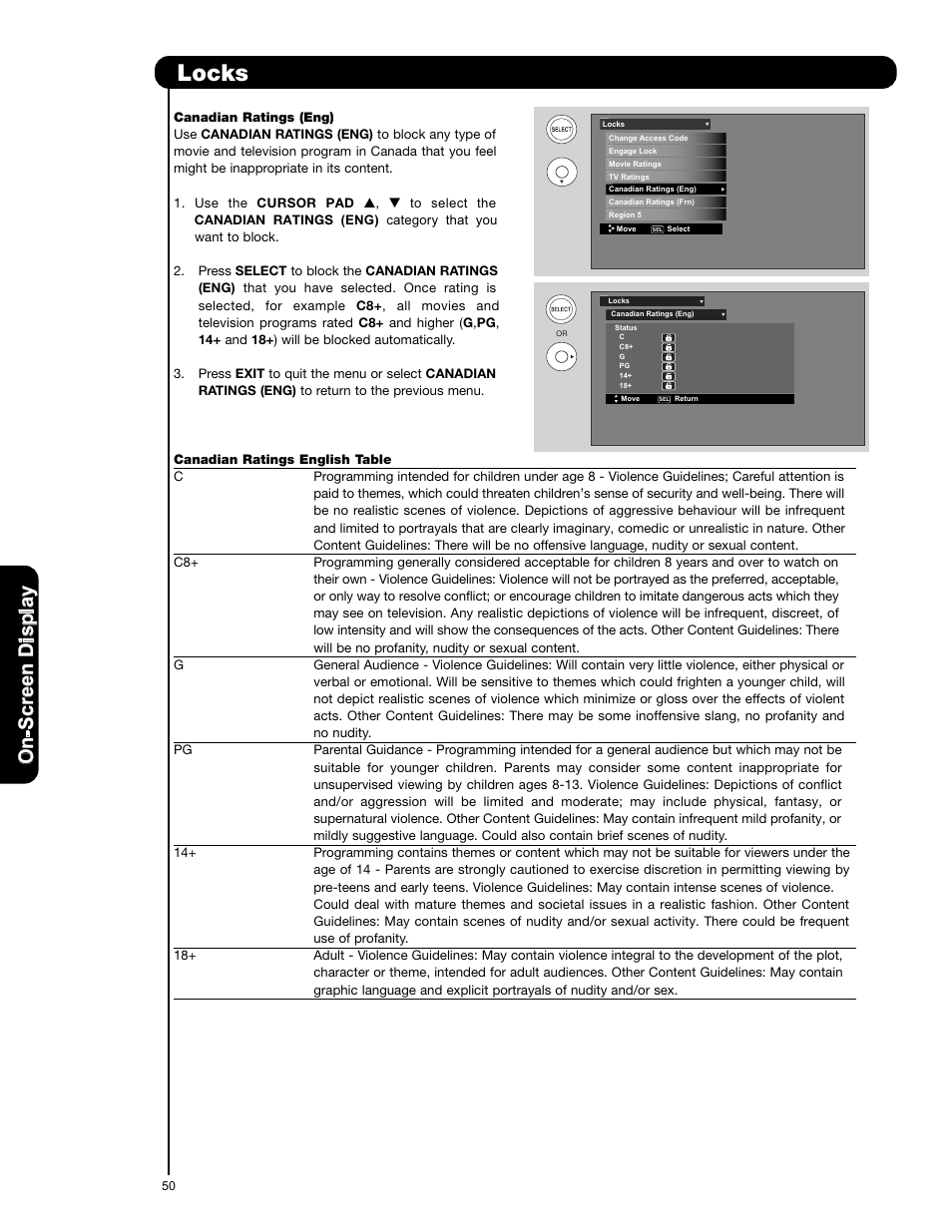 Locks, On -s cr ee n d is p la y | Hitachi L42V651 User Manual | Page 50 / 150