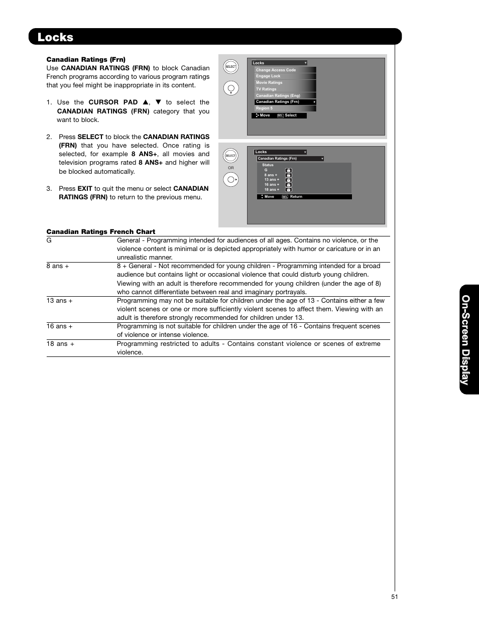 Locks, On -s cr ee n d is p la y | Hitachi L42V651 User Manual | Page 51 / 150