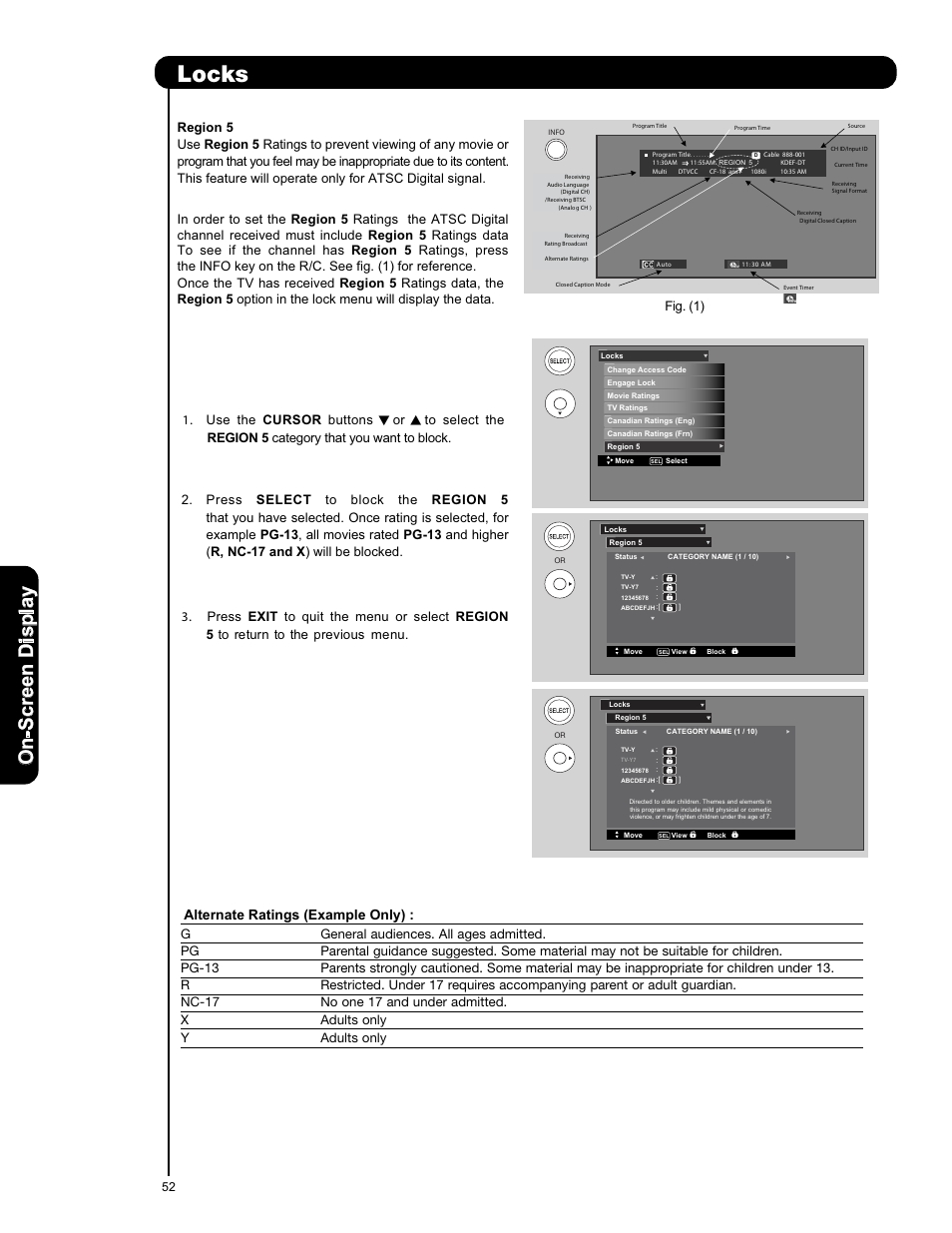 Locks, On -s cr ee n d is p la y, Alternate ratings (example only) | Fig. (1) | Hitachi L42V651 User Manual | Page 52 / 150