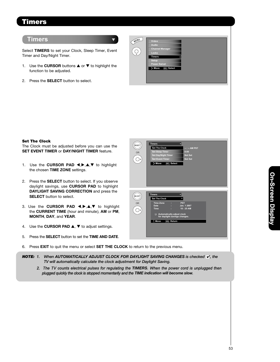 Timers, On -s cr ee n d is p la y | Hitachi L42V651 User Manual | Page 53 / 150