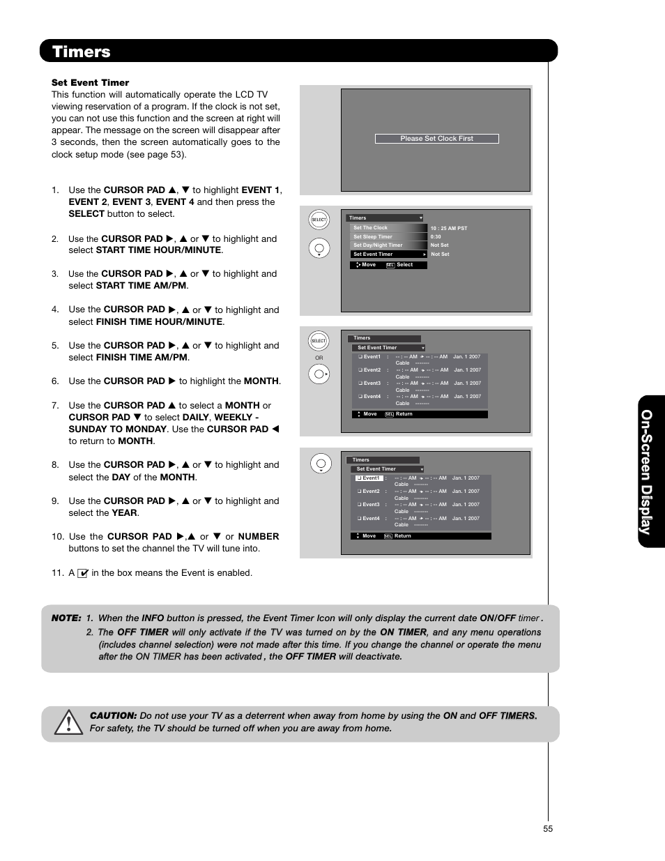 Timers, On -s cr ee n d is p la y | Hitachi L42V651 User Manual | Page 55 / 150