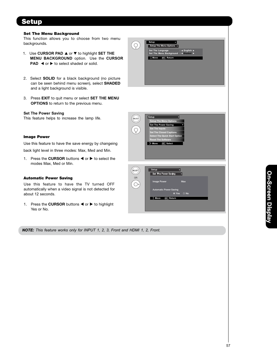 Setup, On -s cr ee n d is p la y | Hitachi L42V651 User Manual | Page 57 / 150