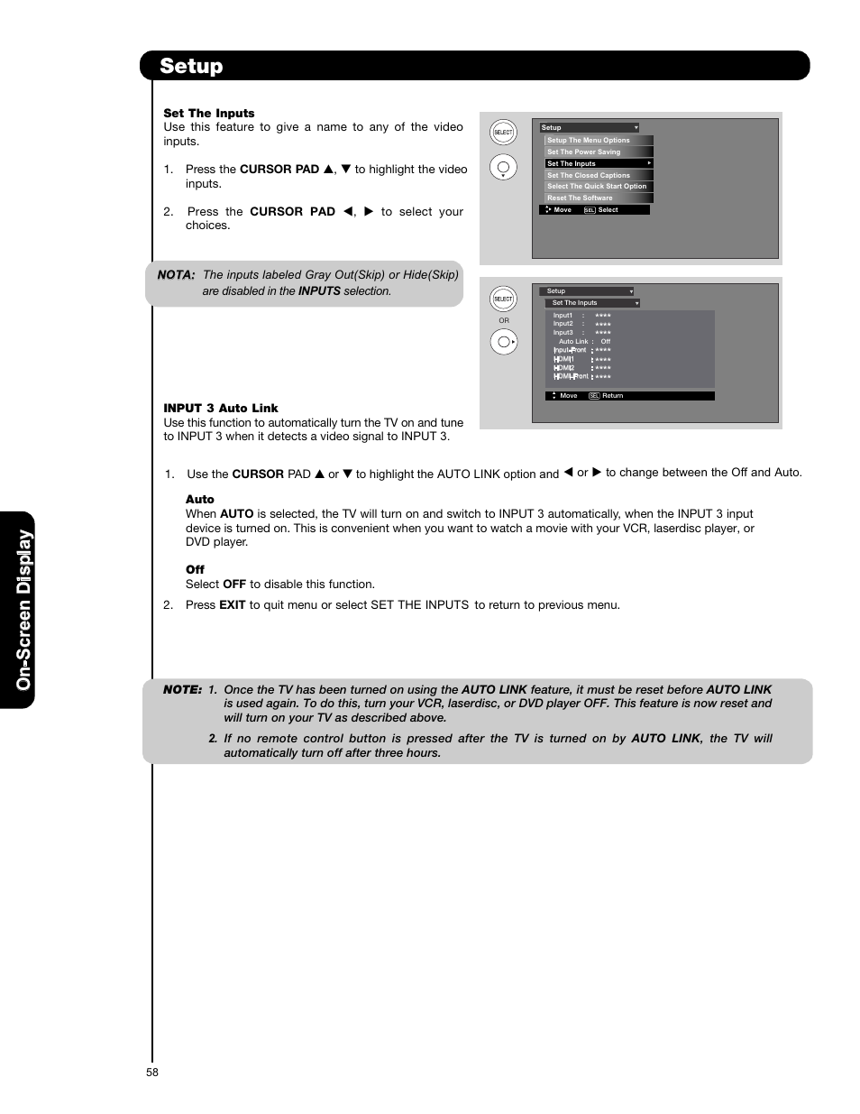 Setup, On -s cr ee n d is p la y | Hitachi L42V651 User Manual | Page 58 / 150