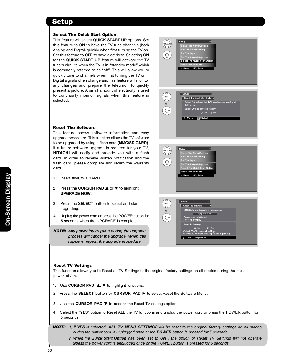 Setup, On -s cr ee n d is p la y | Hitachi L42V651 User Manual | Page 60 / 150