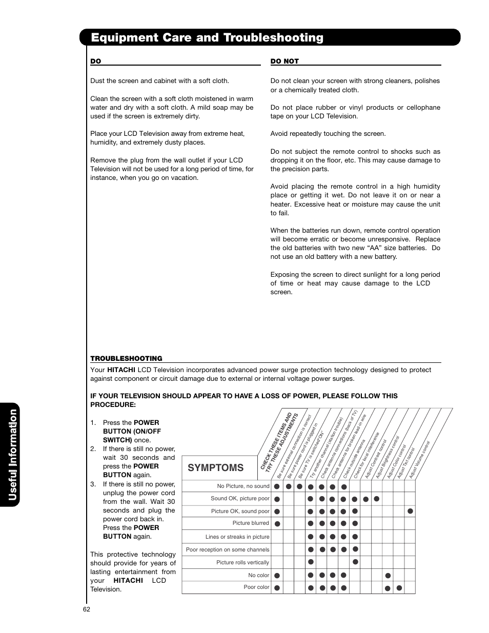 Equipment care and troubleshooting, Symptoms | Hitachi L42V651 User Manual | Page 62 / 150