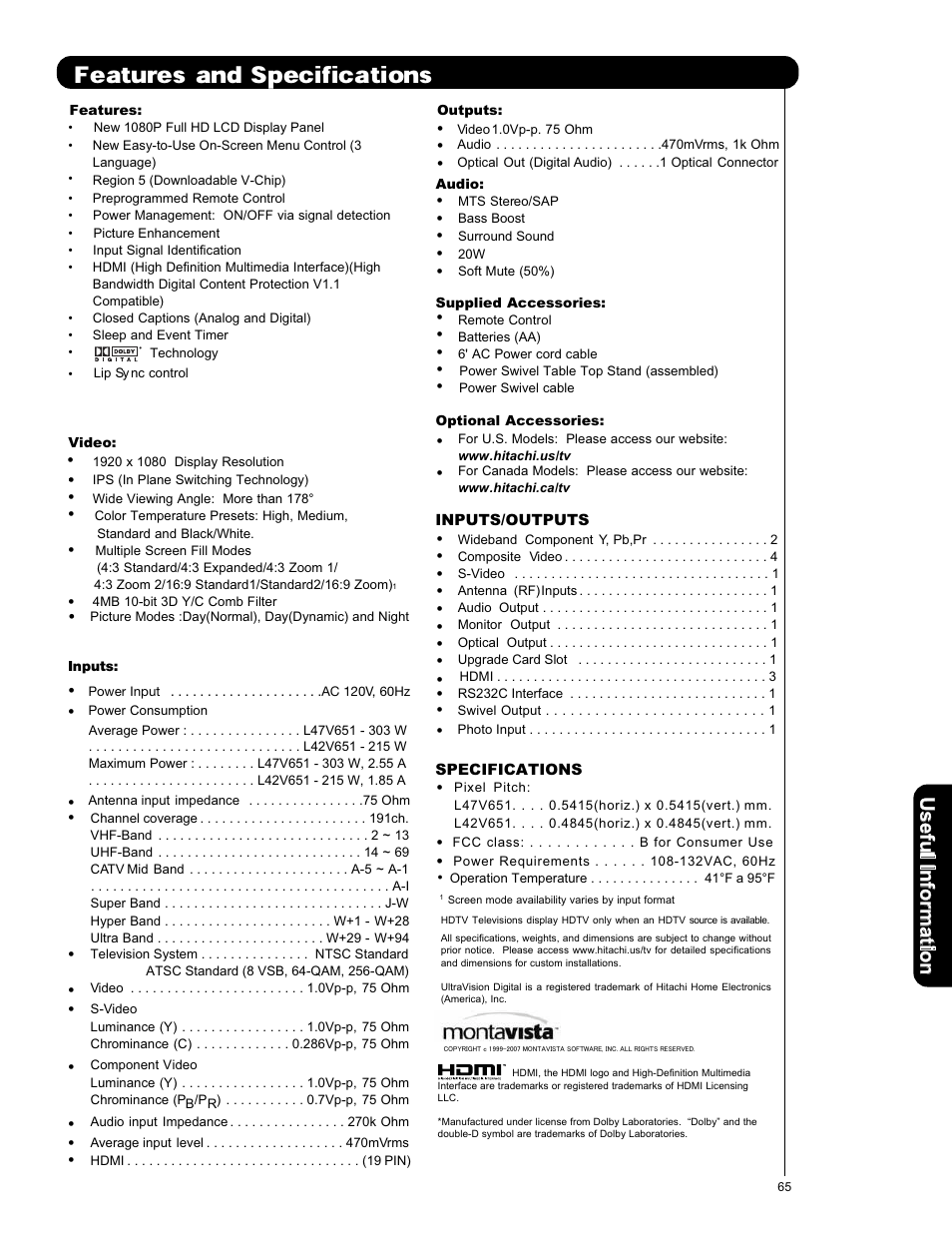 Features and specifications, Use fu lin fo rm at io n l | Hitachi L42V651 User Manual | Page 65 / 150