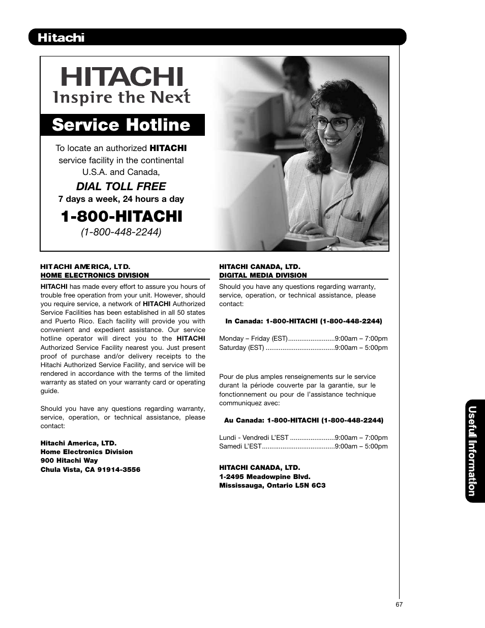 Hitachi, Service hotline, 800-hitachi | Hitachi america, l | Hitachi L42V651 User Manual | Page 67 / 150