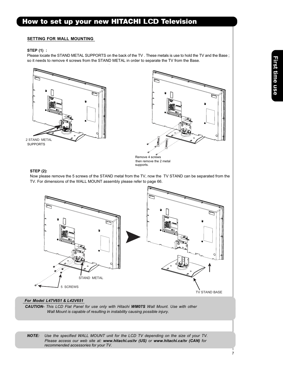 How to set up your new hitachi lcd television, First time use | Hitachi L42V651 User Manual | Page 7 / 150