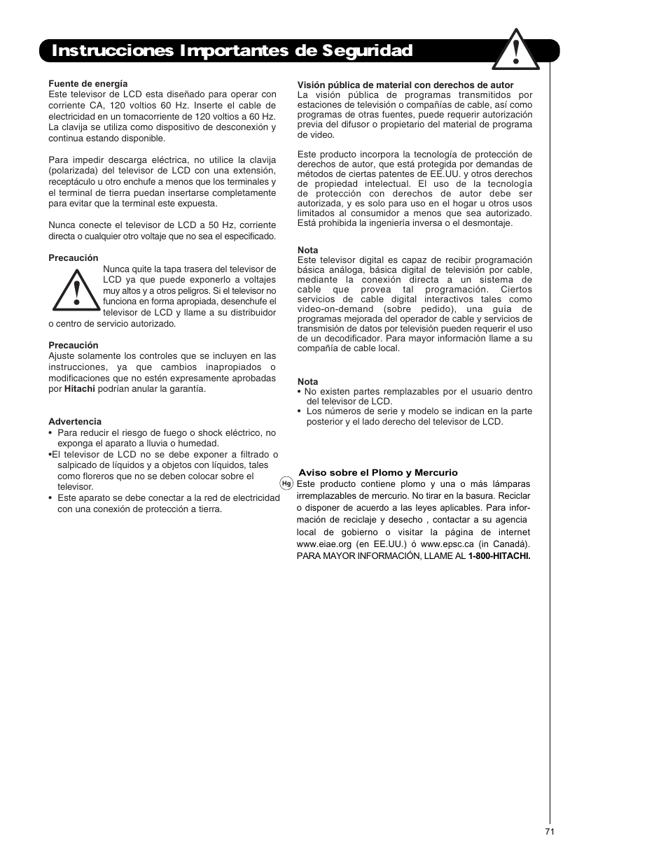 Instrucciones importantes de seguridad | Hitachi L42V651 User Manual | Page 71 / 150