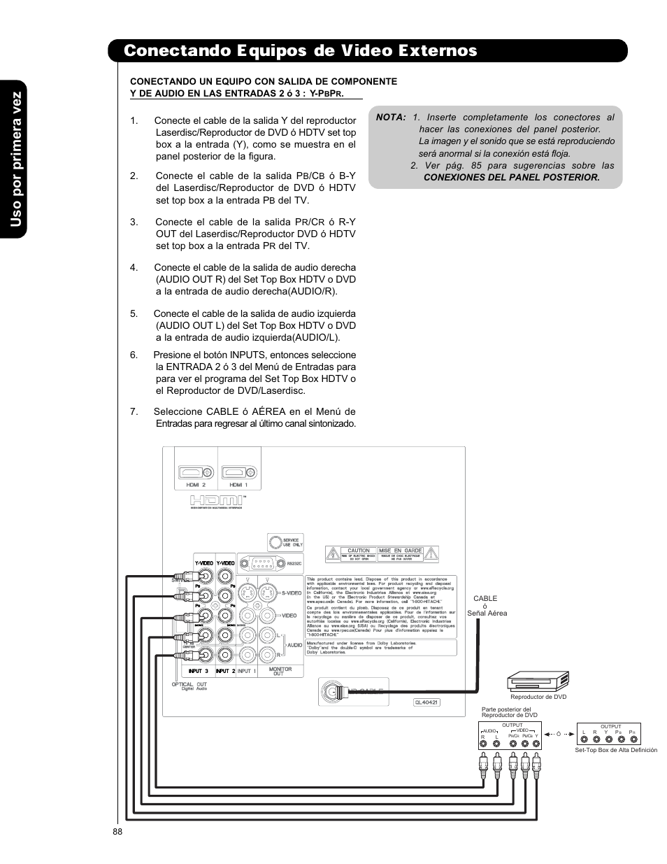 Conectando equipos de video externos, Uso por primera vez | Hitachi L42V651 User Manual | Page 88 / 150