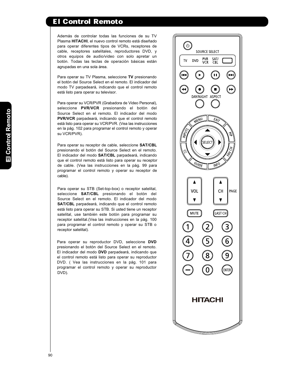El control remoto | Hitachi L42V651 User Manual | Page 90 / 150