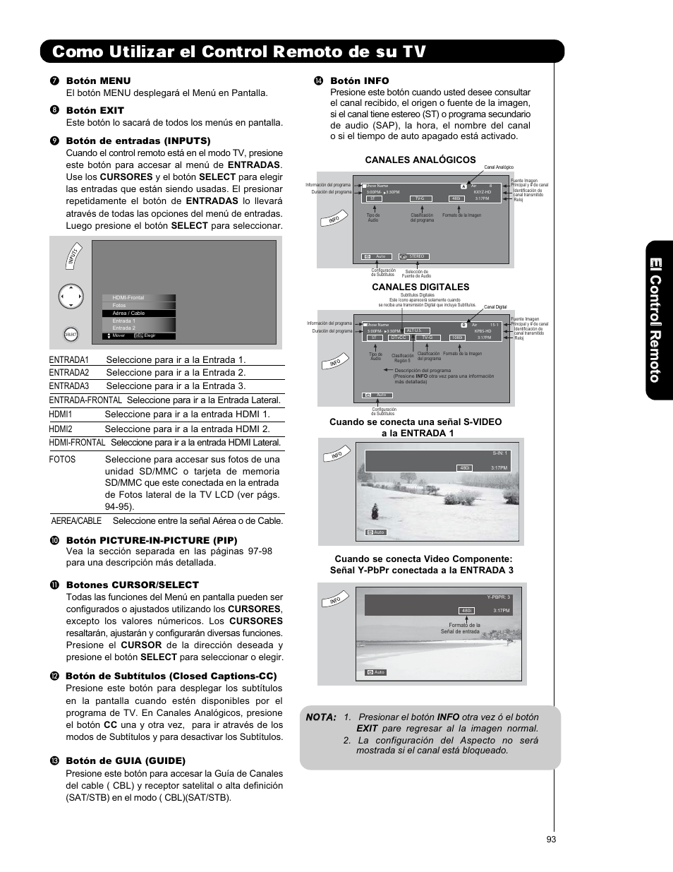 Como utilizar el control remoto de su tv, Elc o n tro lr em o to | Hitachi L42V651 User Manual | Page 93 / 150