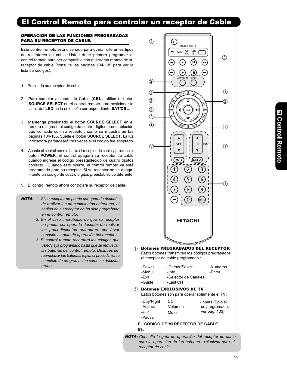 Elc o n tro lr em o to | Hitachi L42V651 User Manual | Page 99 / 150