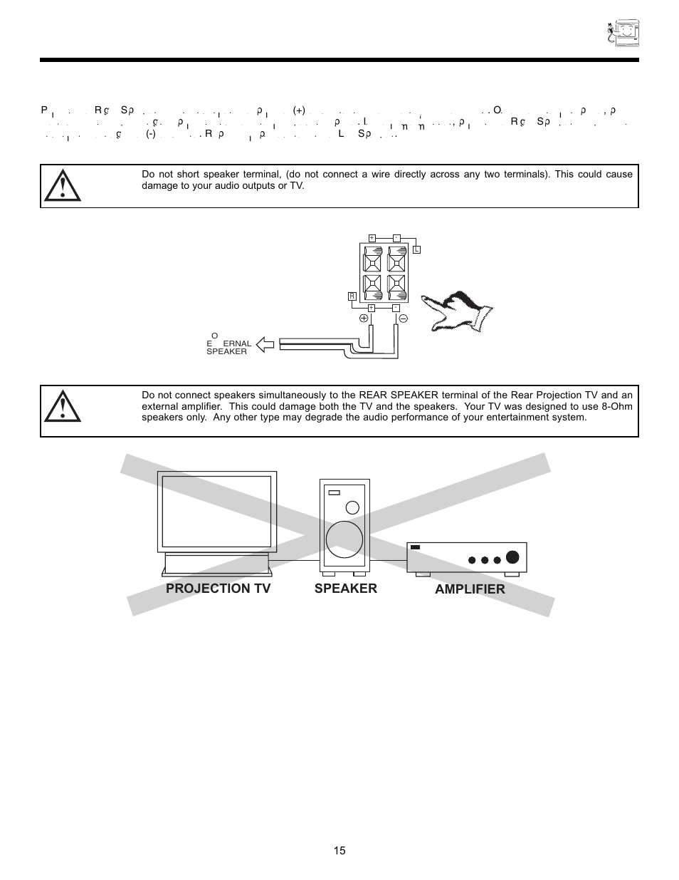 Rear speaker terminal connections, Projection tv speaker amplifier | Hitachi 55DMX01W User Manual | Page 15 / 92