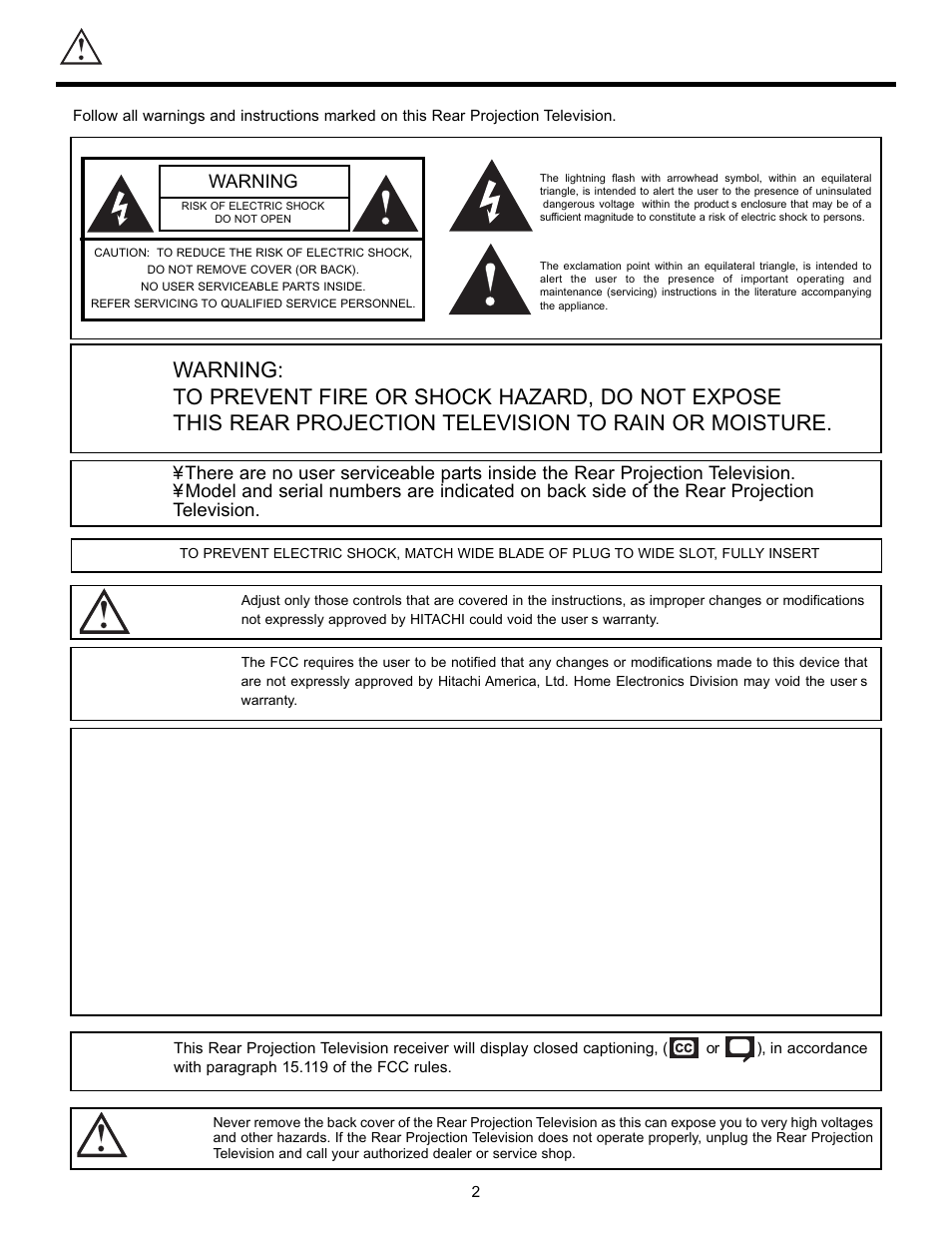 Important | Hitachi 55DMX01W User Manual | Page 2 / 92