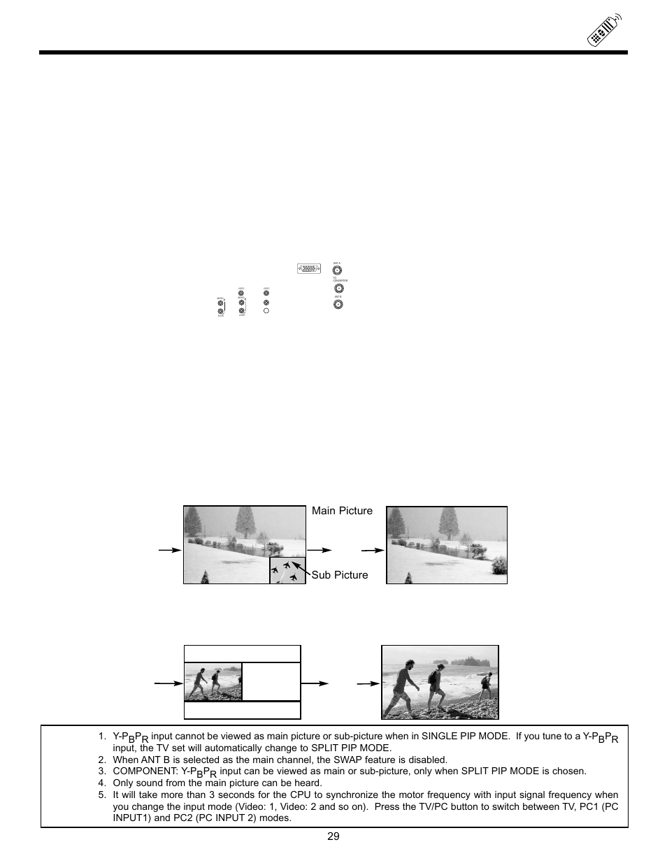Picture-in-picture (pip), Main picture sub picture | Hitachi 55DMX01W User Manual | Page 29 / 92