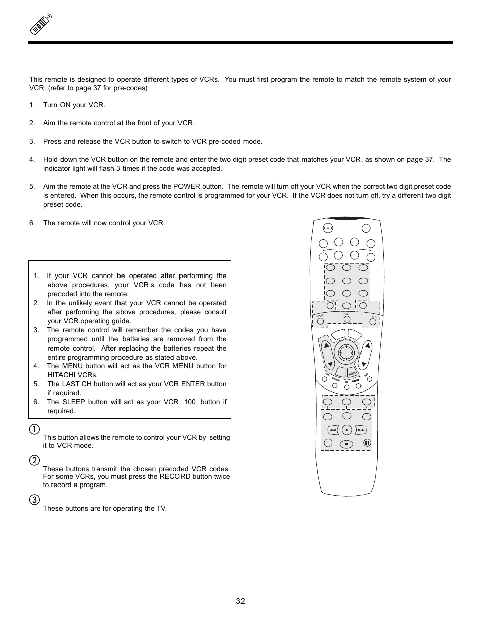 Using the remote to control vcr function | Hitachi 55DMX01W User Manual | Page 32 / 92
