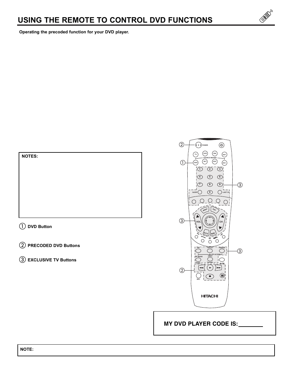 Using the remote to control dvd functions, My dvd player code is | Hitachi 55DMX01W User Manual | Page 35 / 92