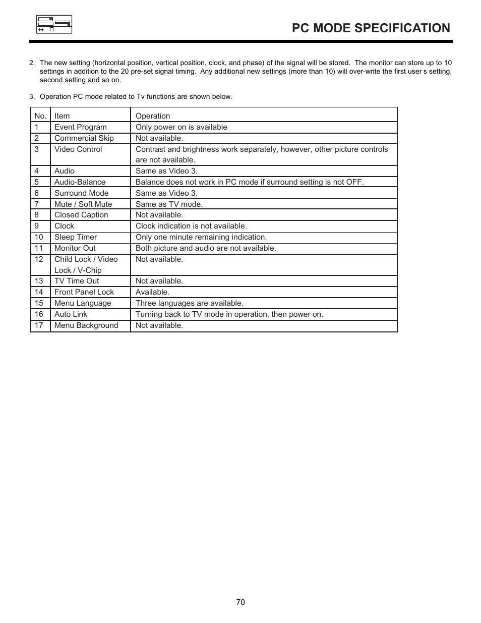Pc mode specification | Hitachi 55DMX01W User Manual | Page 70 / 92