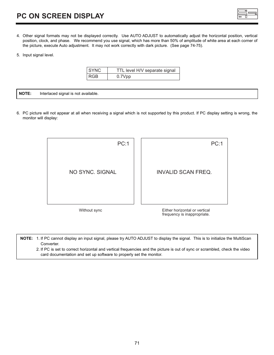 Pc on screen display | Hitachi 55DMX01W User Manual | Page 71 / 92