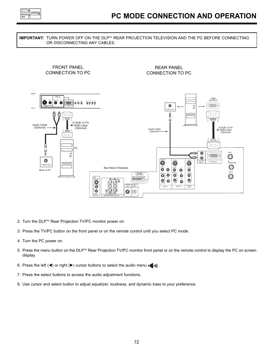 Pc mode connection and operation, Rear panel connection to pc, Front panel connection to pc | Turn the dlp | Hitachi 55DMX01W User Manual | Page 72 / 92