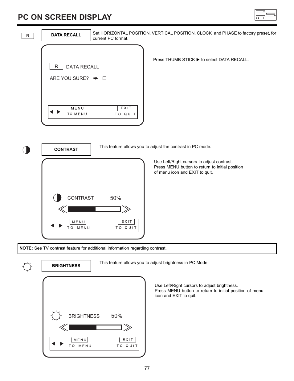 Pc on screen display | Hitachi 55DMX01W User Manual | Page 77 / 92