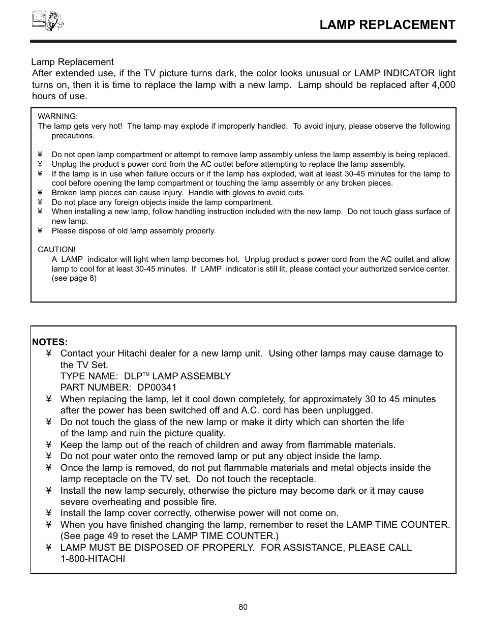 Lamp replacement | Hitachi 55DMX01W User Manual | Page 80 / 92