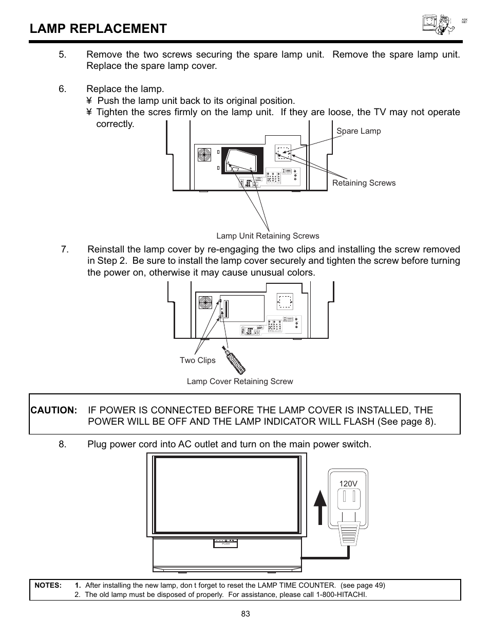 Lamp replacement | Hitachi 55DMX01W User Manual | Page 83 / 92