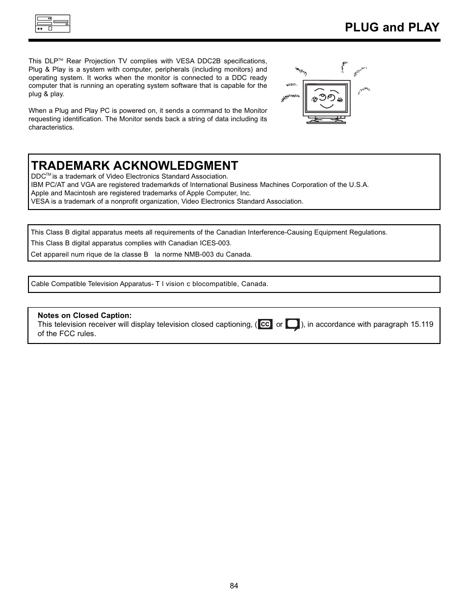 Plug and play, Trademark acknowledgment | Hitachi 55DMX01W User Manual | Page 84 / 92