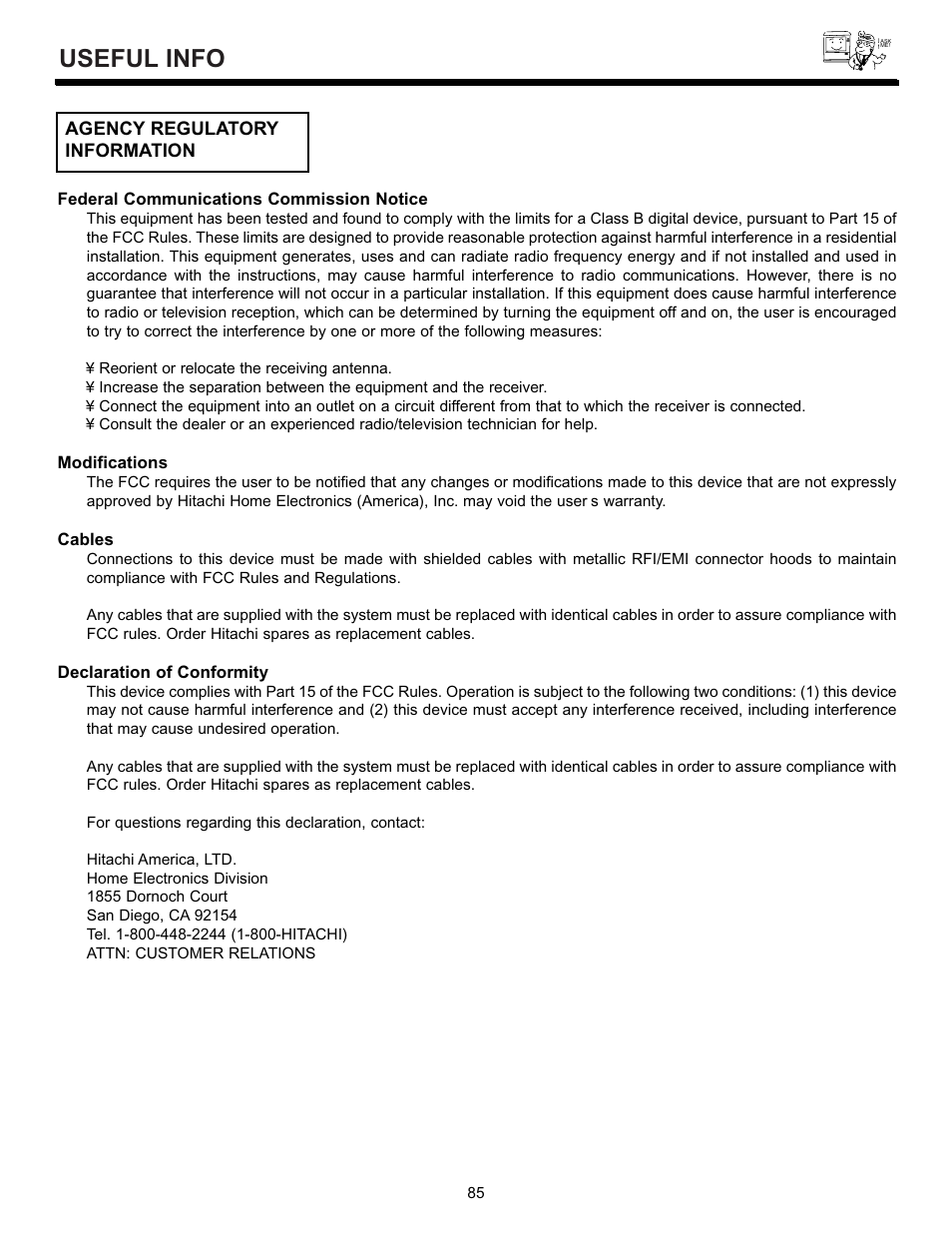 Useful info, Agency regulatory information | Hitachi 55DMX01W User Manual | Page 85 / 92