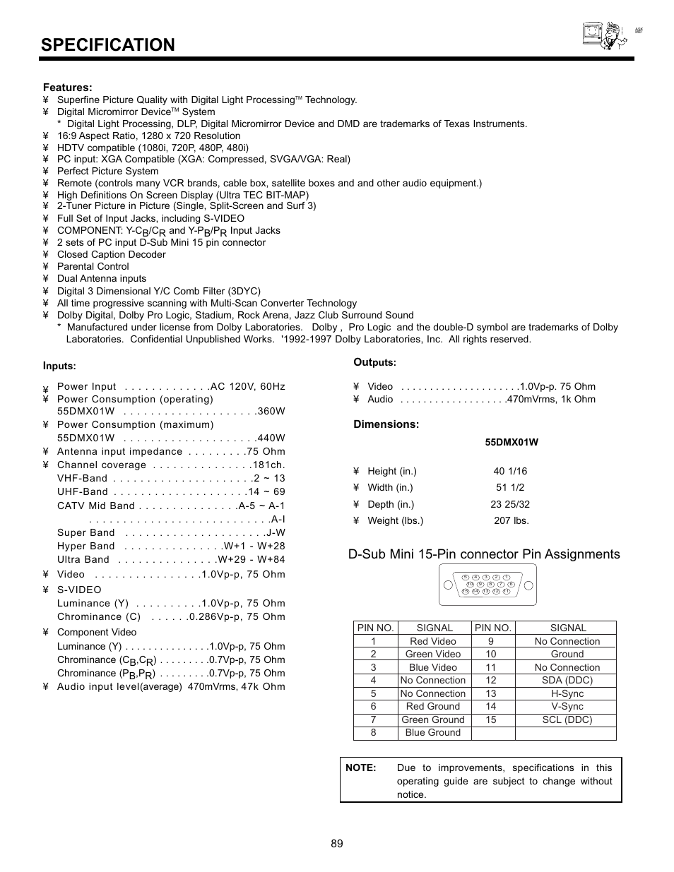 Specification, D-sub mini 15-pin connector pin assignments | Hitachi 55DMX01W User Manual | Page 89 / 92