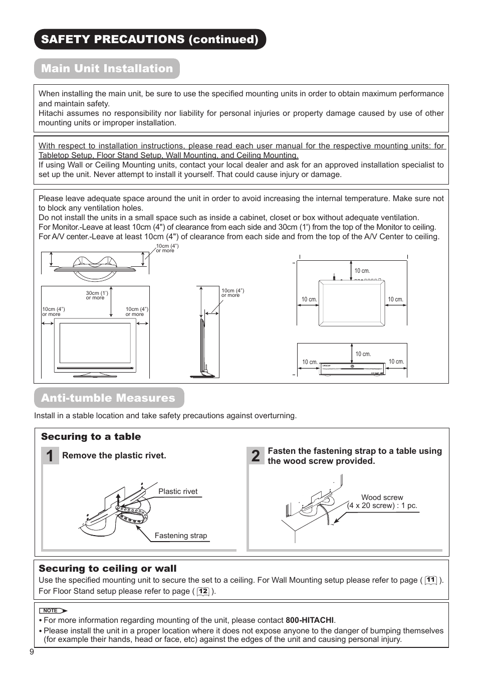 Securing to a table securing to ceiling or wall | Hitachi ULTRAVISION UT32S402 User Manual | Page 10 / 55