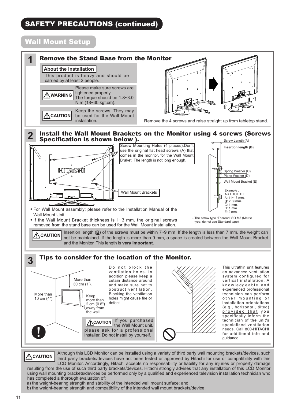 Safety precautions (continued) wall mount setup | Hitachi ULTRAVISION UT32S402 User Manual | Page 12 / 55