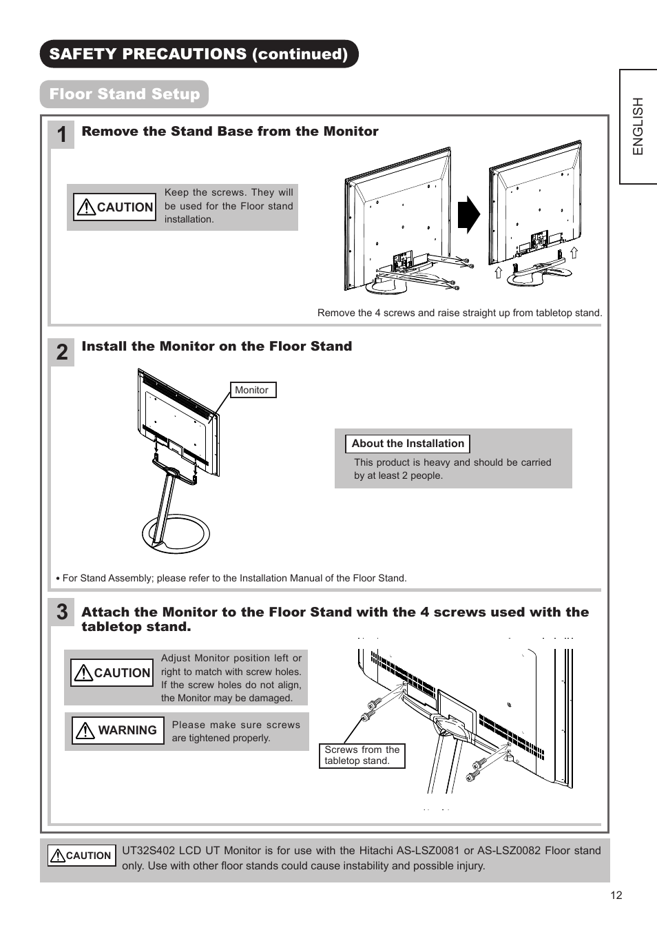 Safety precautions (continued) floor stand setup | Hitachi ULTRAVISION UT32S402 User Manual | Page 13 / 55