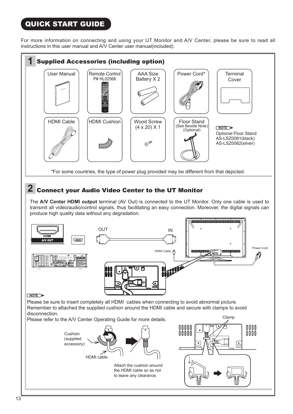Quick start guide, Supplied accessories (including option), Connect your audio video center to the ut monitor | Hitachi ULTRAVISION UT32S402 User Manual | Page 14 / 55