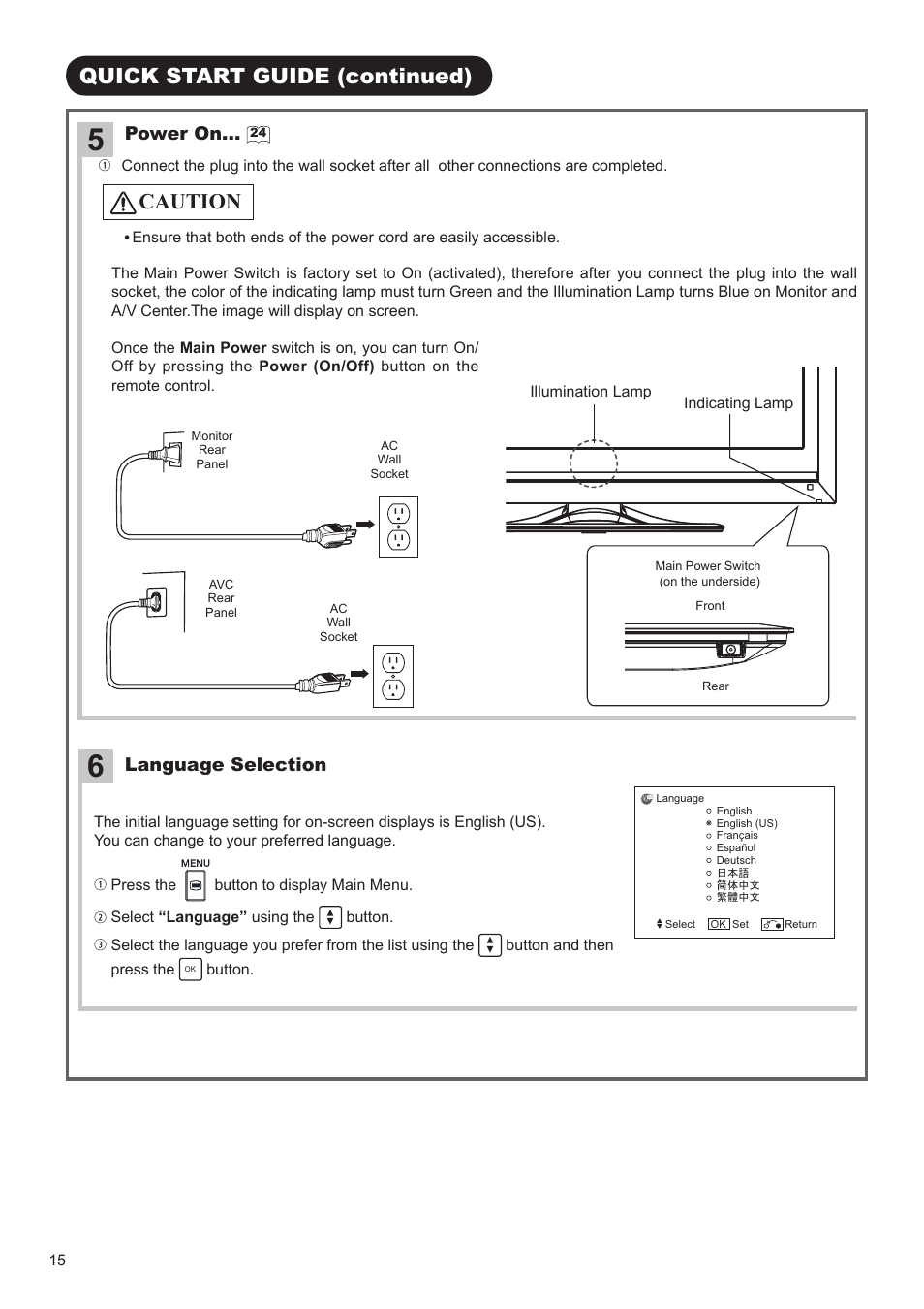 Quick start guide (continued), Caution, Power on | Language selection | Hitachi ULTRAVISION UT32S402 User Manual | Page 16 / 55