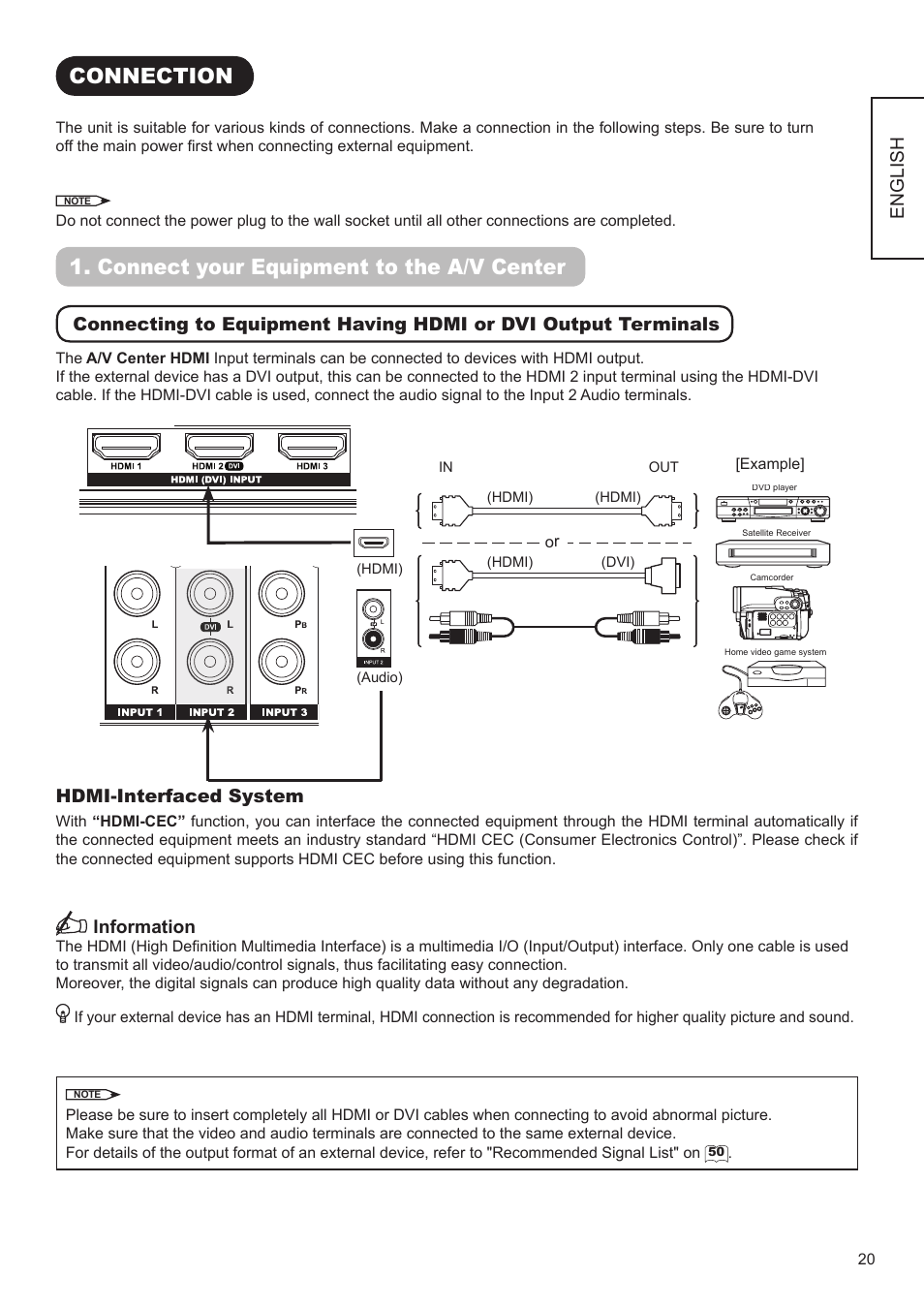 Connection, Connect your equipment to the a/v center, English | Hdmi-interfaced system, Information | Hitachi ULTRAVISION UT32S402 User Manual | Page 21 / 55