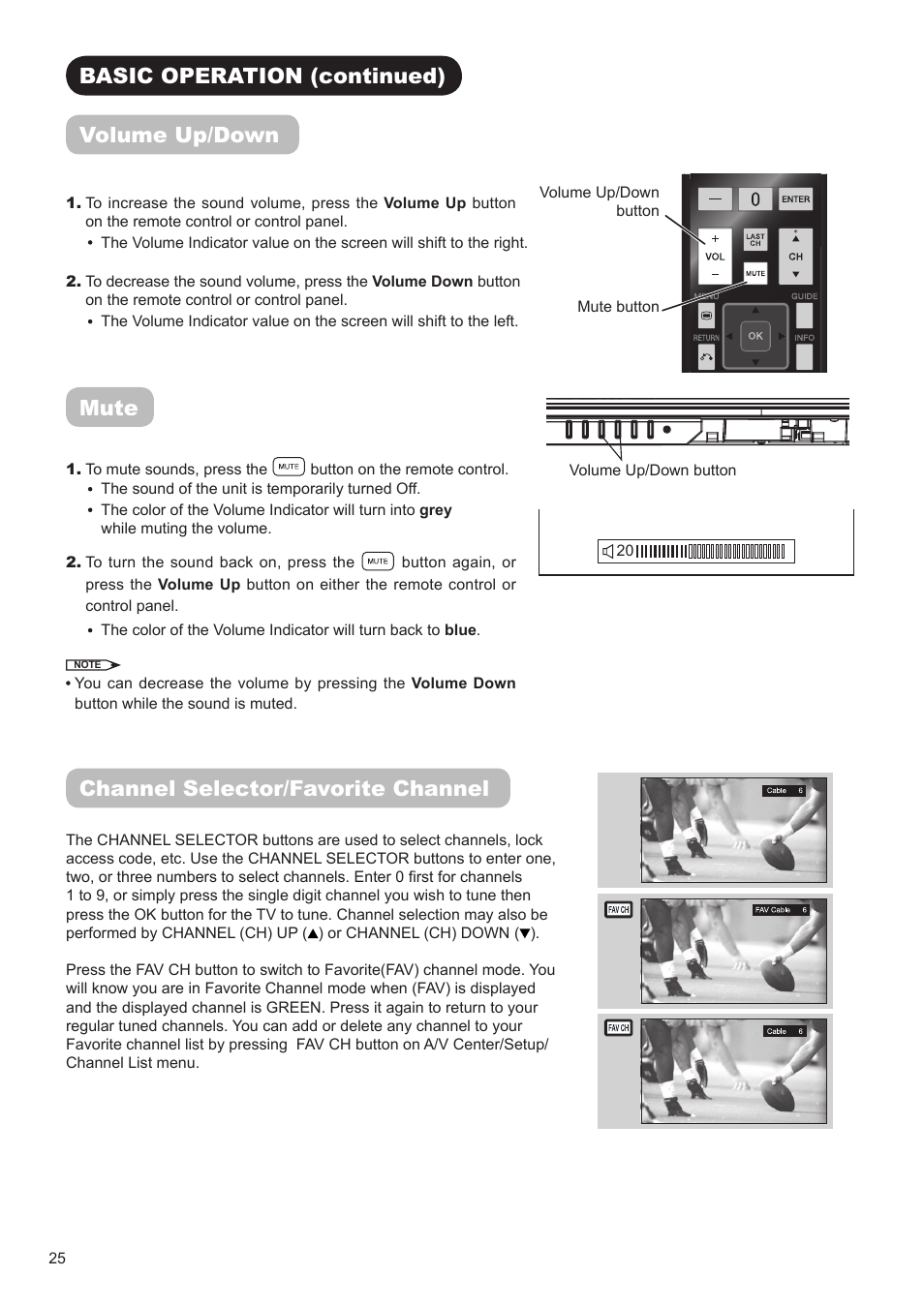 Basic operation (continued) volume up/down, Mute, Channel selector/favorite channel | Hitachi ULTRAVISION UT32S402 User Manual | Page 26 / 55